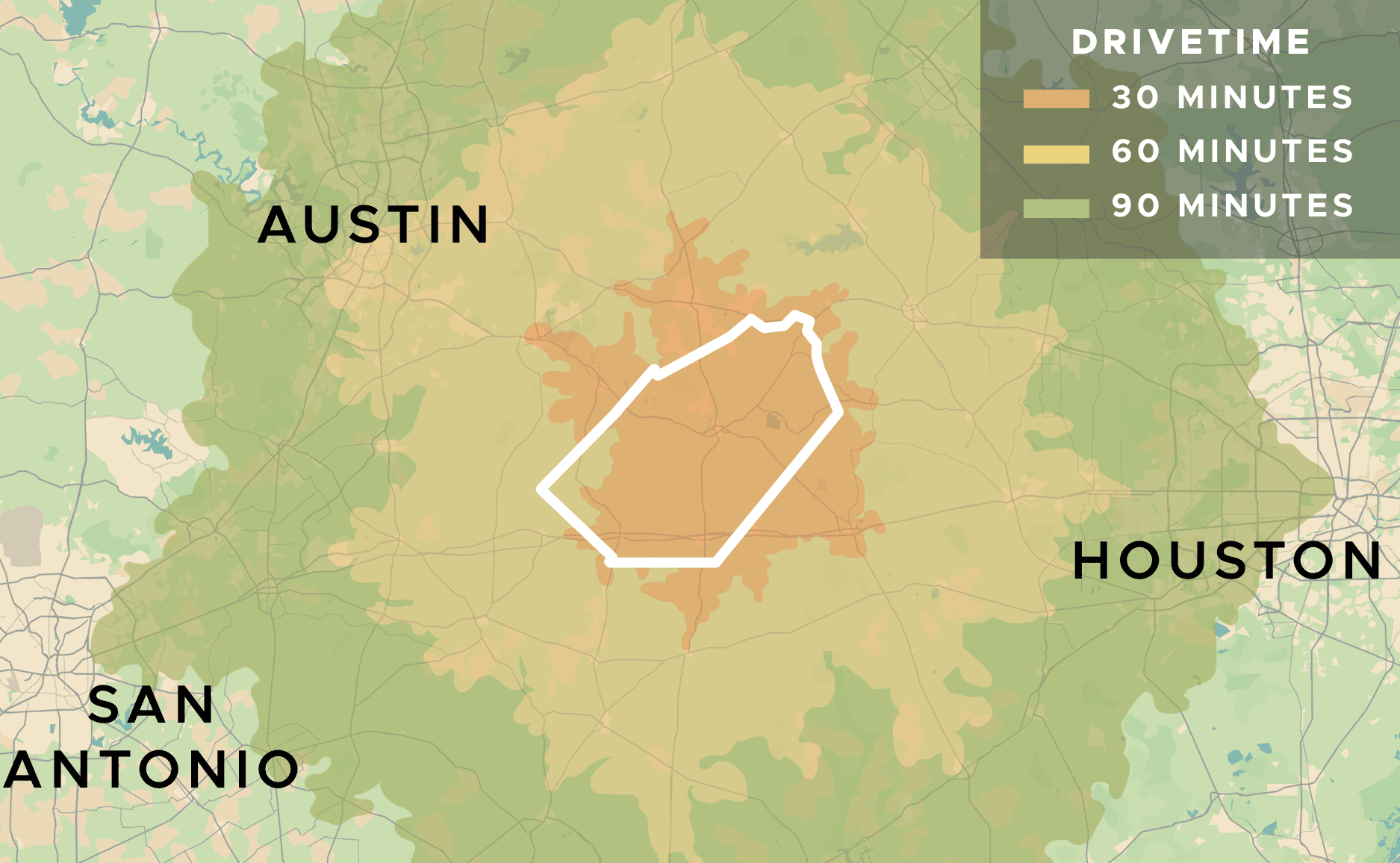 Drive-time map of Central Texas with Fayette County outlined in white at the center, shaded bands showing 30-, 60-, and 90-minute drive times reaching Austin, Houston, and San Antonio.