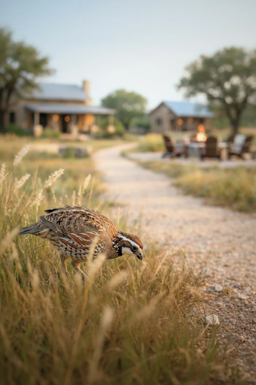 A bobwhite quail foraging in tall prairie grass beside a gravel path, with a stone house and an outdoor fire pit glowing in the soft evening light behind it.