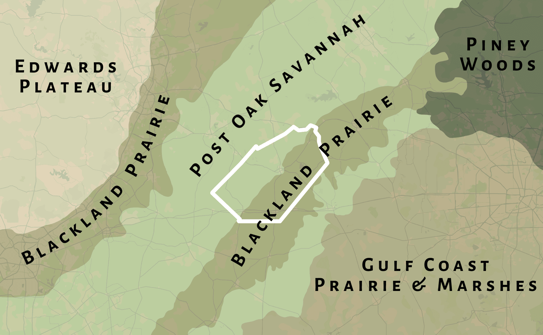 Ecoregion map with Fayette County outlined in white where the Post Oak Savannah meets the Blackland Prairie, with the Edwards Plateau, Piney Woods, and Gulf Coast Prairie and Marshes labeled around it.