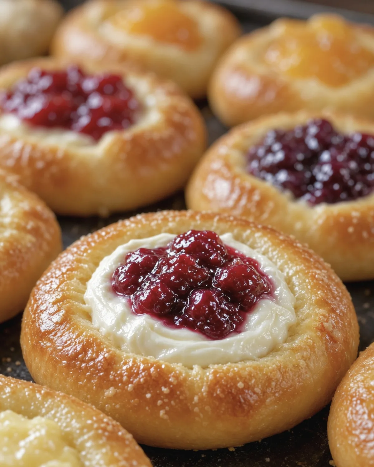 A tray of freshly baked kolaches, golden dough filled with cream cheese and berry and apricot preserves.